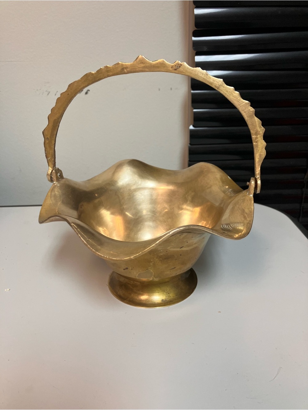 Antique Scalloped Brass Basket with Decorative Handle